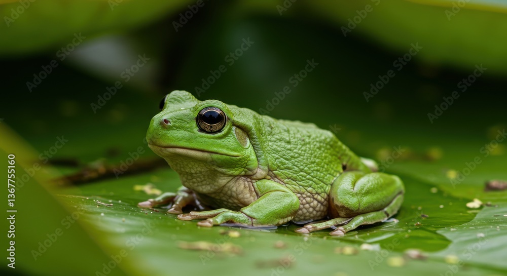 Naklejka premium Close-up of a green frog resting on a large leaf in a lush, natural setting