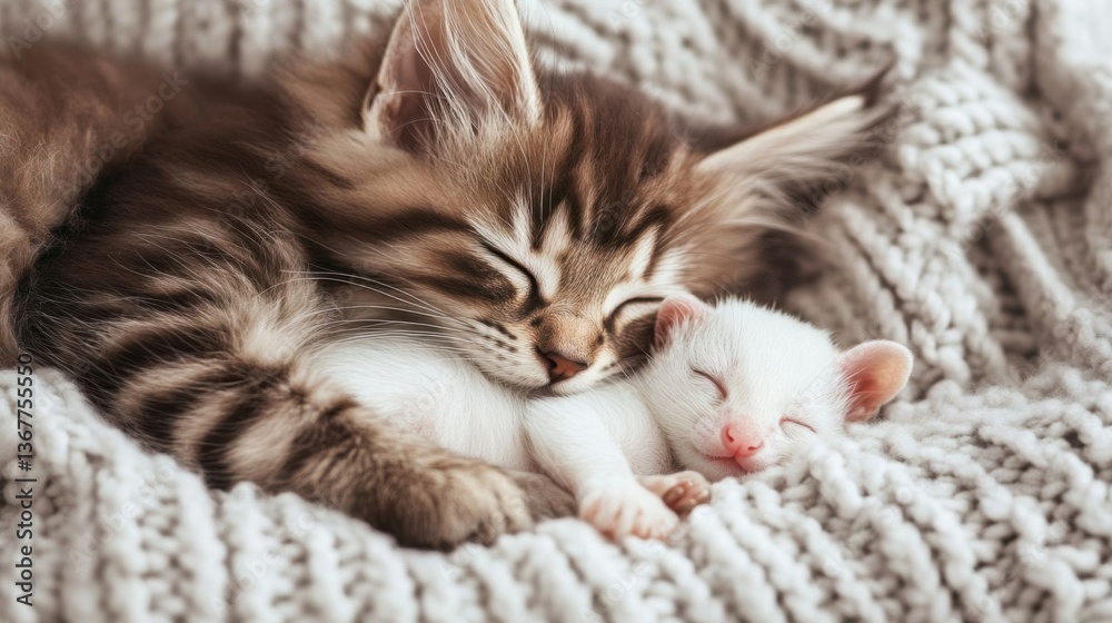 A fluffy Maine Coon kitten cuddling a tiny ferret. A fluffy Maine Coon kitten cuddling a tiny ferret.