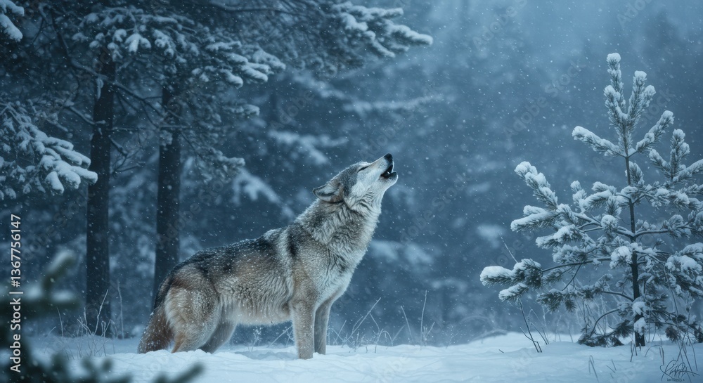 Obraz premium A lone wolf howls in a snowy forest, surrounded by tall trees under a misty sky