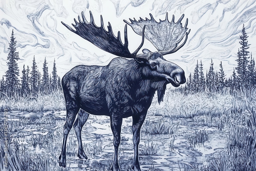 detailed pen and ink illustration of majestic moose in wilderness setting intricate line work capturing texture and form