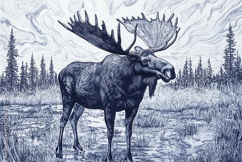 Obraz na płótnie detailed pen and ink illustration of majestic moose in wilderness setting intricate line work capturing texture and form w salonie