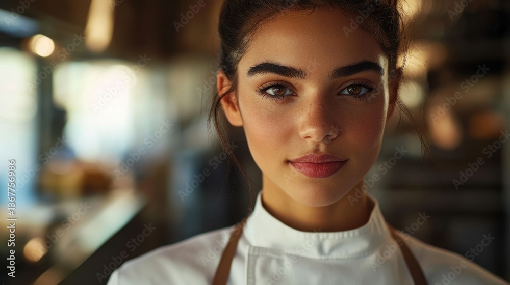 Naklejka premium A young Latina chef in a kitchen.