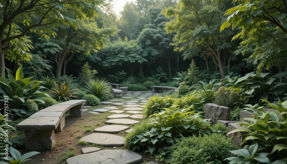 Obraz premium Serene Garden Pathway Surrounded by Lush Foliage and Trees
