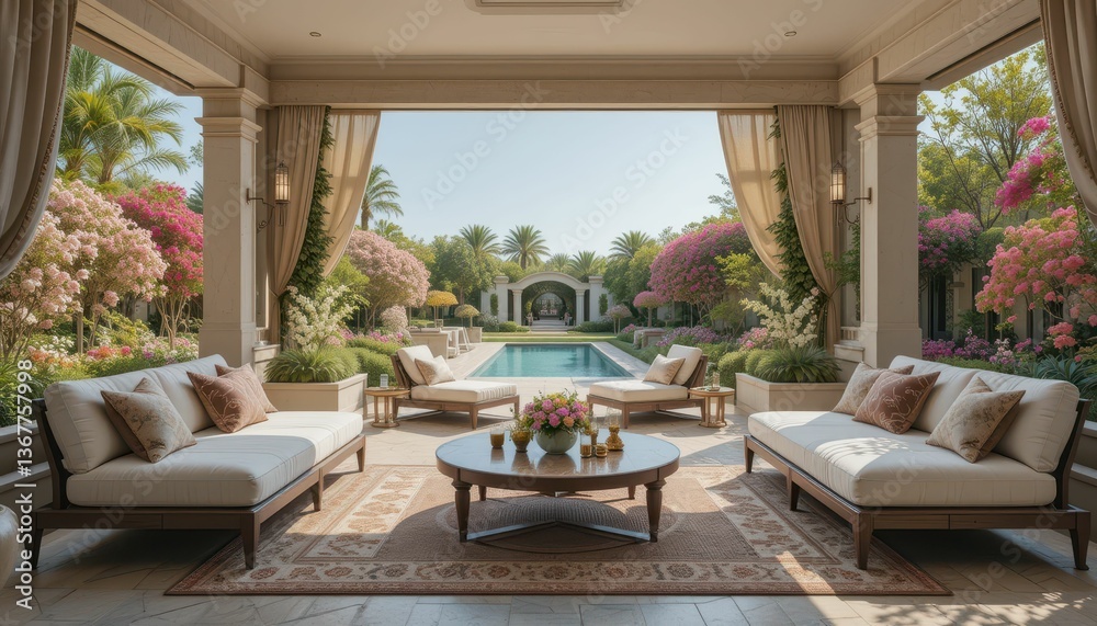 Fototapeta premium Elegant Outdoor Living Space Overlooking Gorgeous Garden and Pool