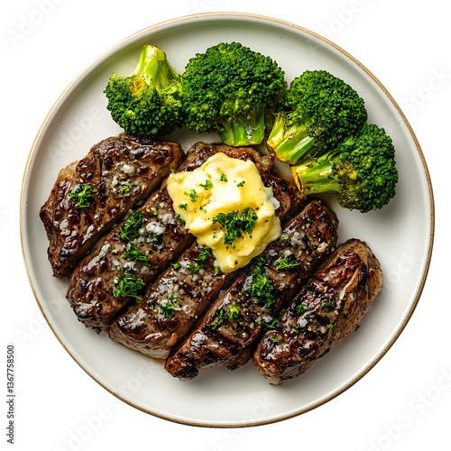 Gourmet Steak Dinner: Juicy Medium-Rare Filet Mignon with a Rich Creamy Peppercorn Sauce, Topped with a Melted Butter Square, Served Alongside Steamed Broccoli on a Elegant White Plate