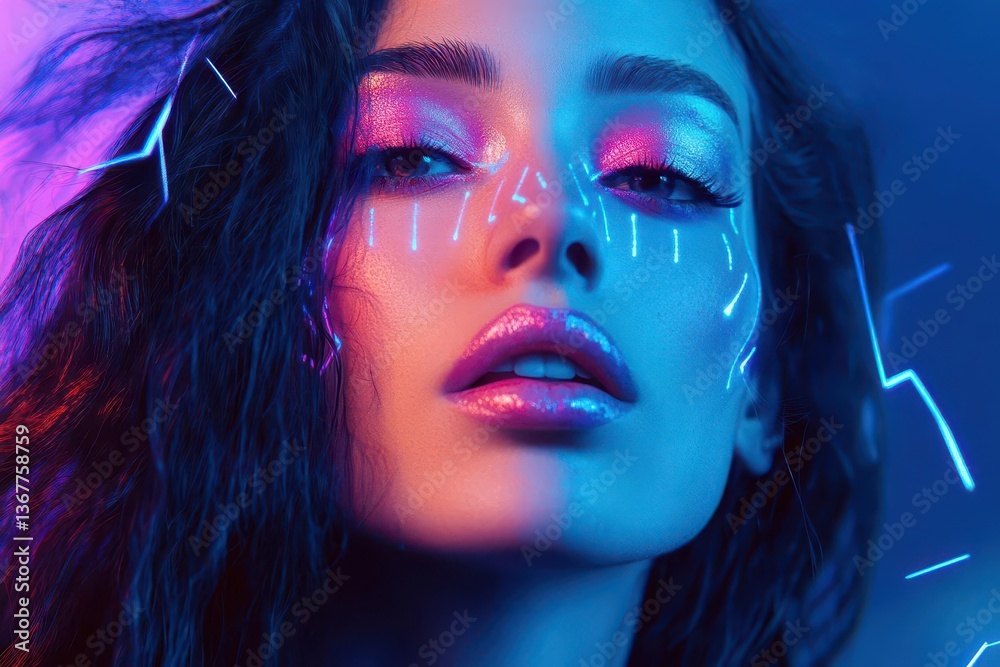 digital art portrait of woman with iridescent makeup flowing hair elements geometric neon accents dreamlike atmosphere