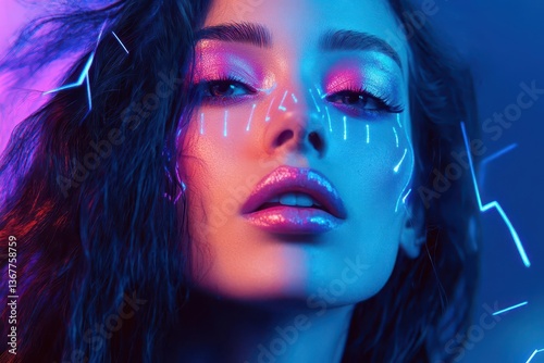digital art portrait of woman with iridescent makeup flowing hair elements geometric neon accents dreamlike atmosphere
