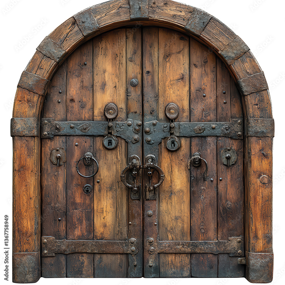 Fototapeta premium A medieval-style arched door with rusty locks isolated on transparent background.PNG