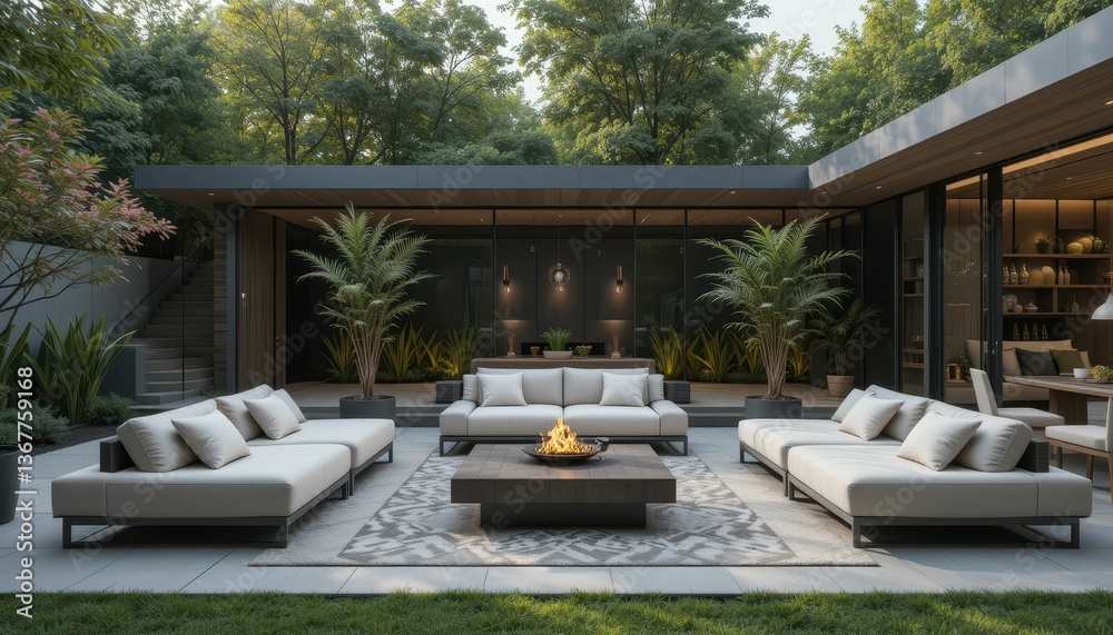 Fototapeta premium Modern Outdoor Living Space with Cozy Fire Pit and Greenery