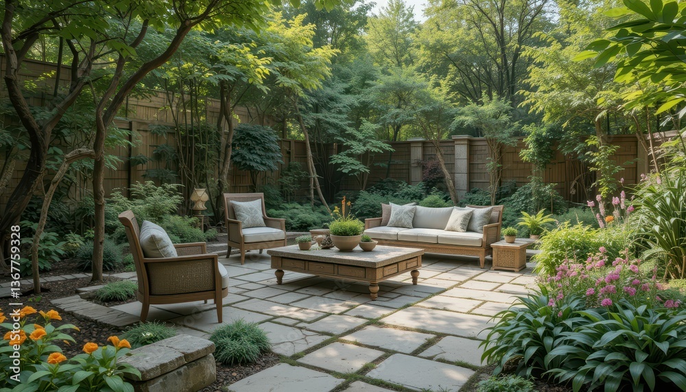 Obraz premium Tranquil Garden Retreat with Comfortable Seating and Lush Greenery