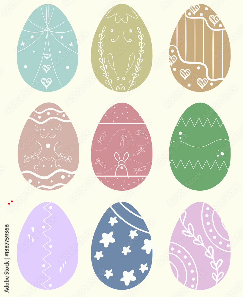 A collection of Easter decorative eggs in pastel colors. Each egg has a unique design with elements of nature, patterns, stars, rabbits and carrots. A collection of Easter decorative eggs in pastel colors. Each egg has a unique design with elements of nature, patterns, stars, rabbits and carrots.