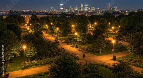 Nighttime city park with illuminated pathways and skyline in background