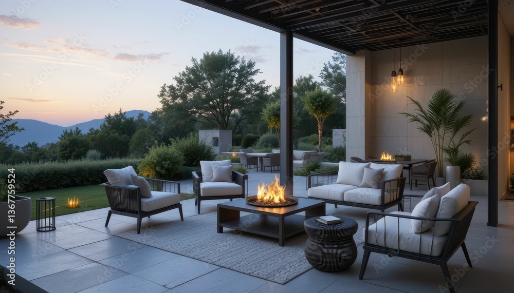 Fototapeta premium Elegant Outdoor Living Space with Fire Pit at Sunset