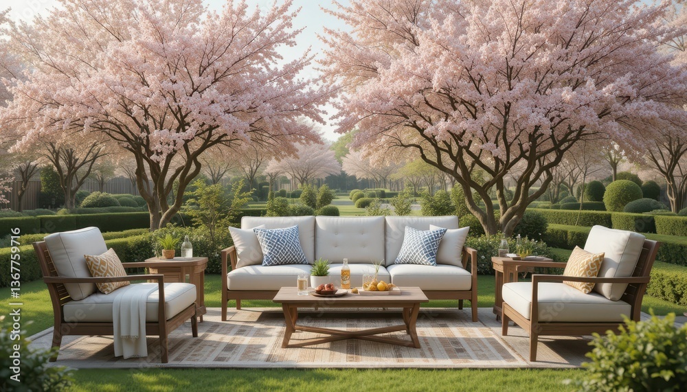 Obraz premium Serene Outdoor Living Space Surrounded by Blooming Cherry Trees