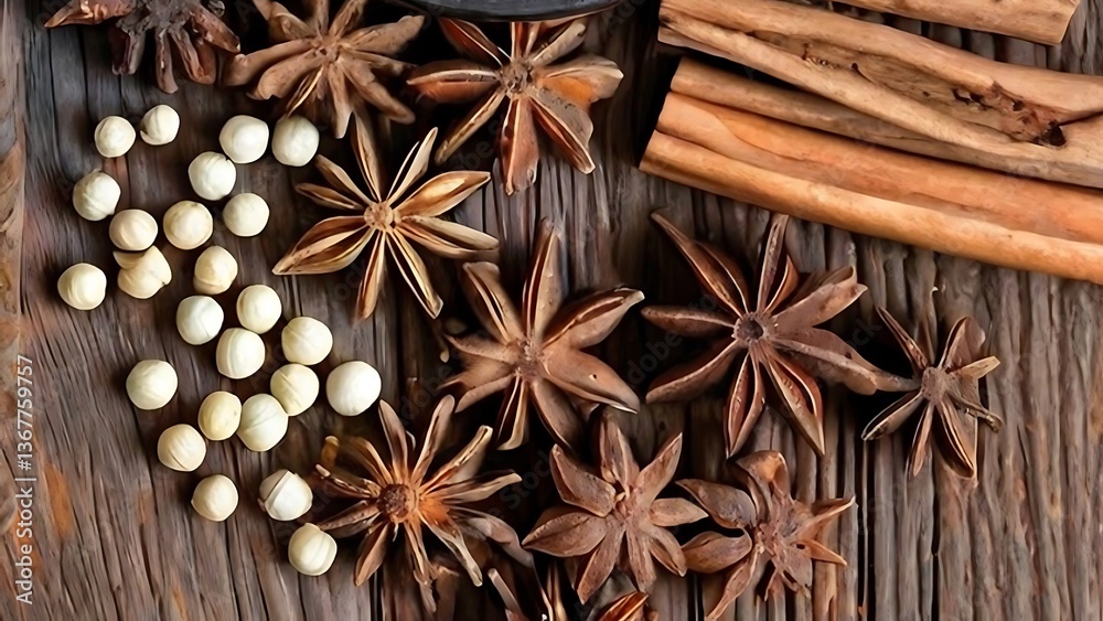 Star Anise, Cinnamon Sticks, and White Peppercorns on Wood Star Anise, Cinnamon Sticks, and White Peppercorns on Wood