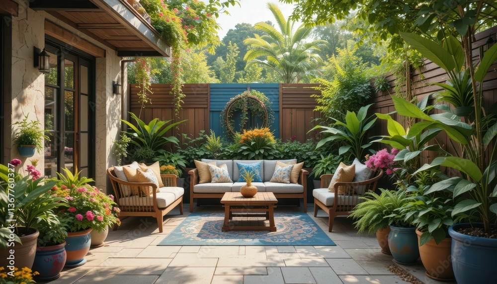 Fototapeta premium Serene Garden Patio with Cozy Seating and Lush Greenery Decor