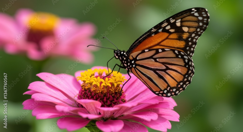 Fototapeta premium Monarch butterfly perched on vibrant pink flower in a lush garden setting