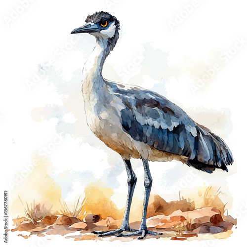 A watercolor painting of an emu, isolated on a white background. Emu vector.

