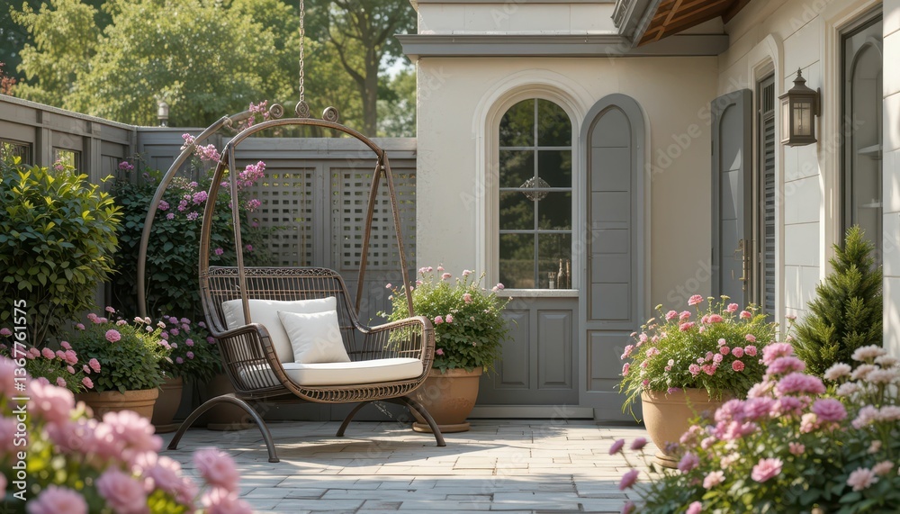 Obraz premium Cozy Patio with Hanging Chair Surrounded by Colorful Flowers