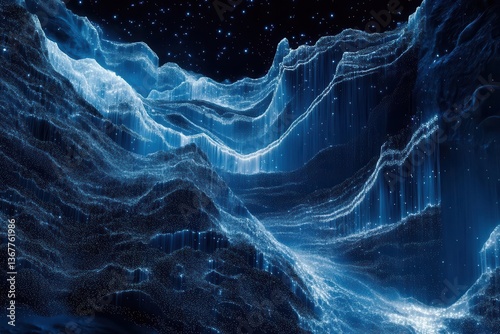 Obraz na płótnie digital landscape of neural network connections forming mountain ranges glowing data streams in deep blue and white w salonie