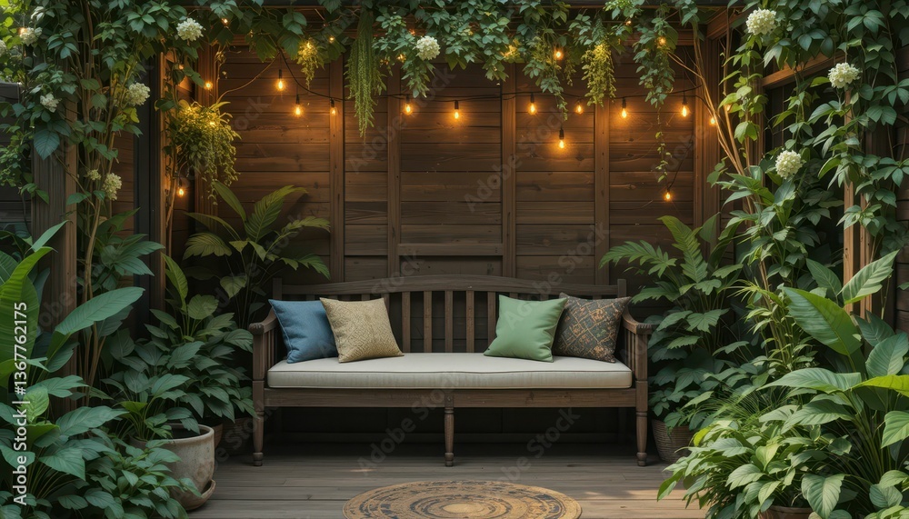 Fototapeta premium Cozy Outdoor Retreat with Greenery and Ambient Lighting