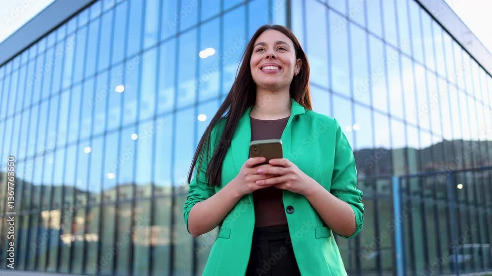 Young manager browsing on her phone in front of a modern glass building Young manager browsing on her phone in front of a modern glass building