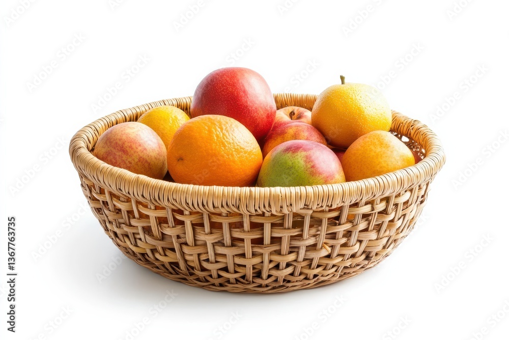 A vibrant assortment of fresh fruits in a woven basket against a bright white background isolated on transparent background A vibrant assortment of fresh fruits in a woven basket against a bright white background isolated on transparent background