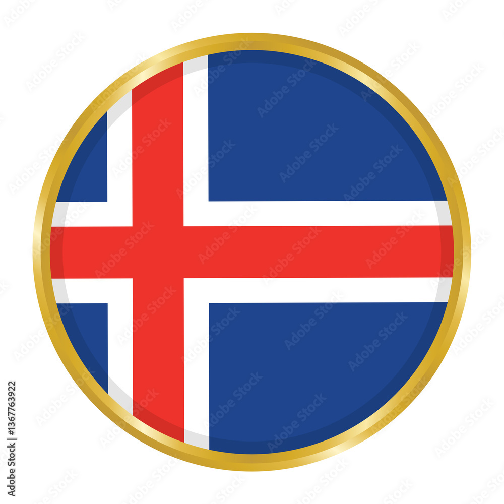 Fototapeta premium Round Flag of Iceland with Golden Border, Iceland Flag Button
