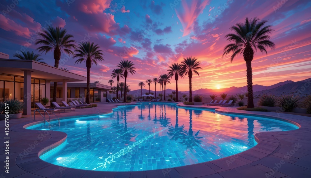 Serene Sunset Over Pool Surrounded by Palm Trees in Desert Oasis Serene Sunset Over Pool Surrounded by Palm Trees in Desert Oasis