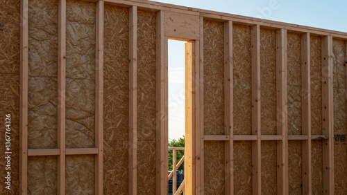 Close up of the unfinished wooden frame structure of a building wall