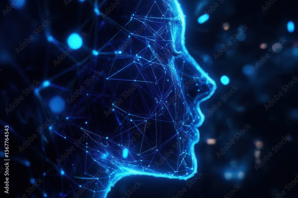 digital neural network visualization with neon blue connections forming human face profile representing artificial intelligence