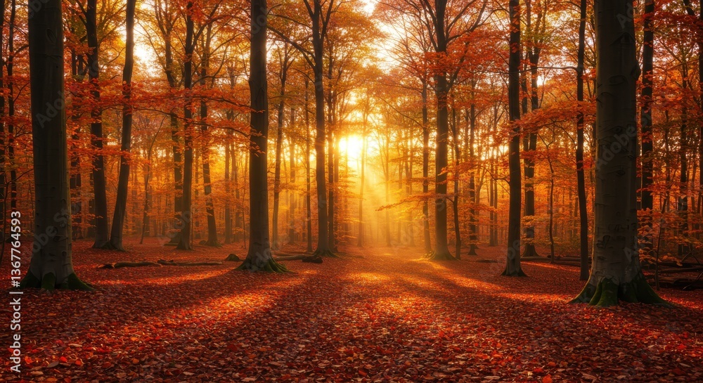 Fototapeta premium Serene autumn forest with golden sunlight filtering through trees at sunset