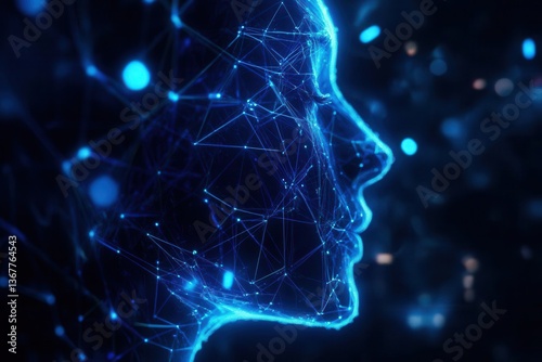 Obraz na płótnie digital neural network visualization with neon blue connections forming human face profile representing artificial intelligence w salonie