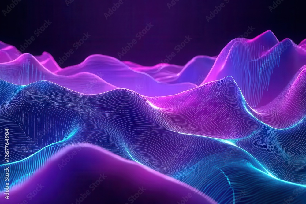 digital neural network visualization flowing data streams in neon blue and purple abstract technological landscape with geometric connections