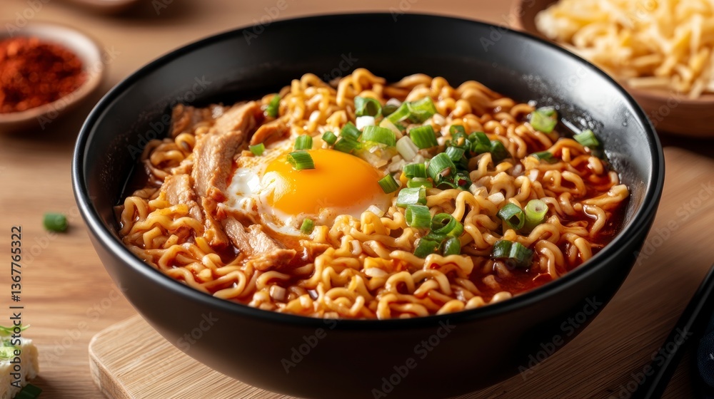 Serving Spicy Asian Noodles with Fried Egg and Green Onion Toppings Serving Spicy Asian Noodles with Fried Egg and Green Onion Toppings