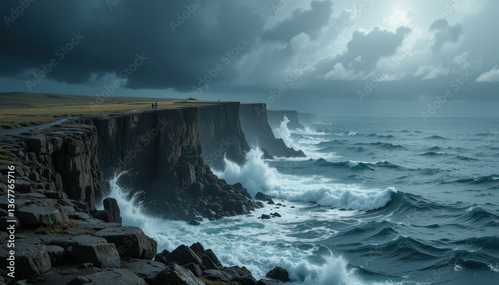 Fototapeta premium Dramatic Seascape with Dark Clouds Over Rugged Coastal Cliffs