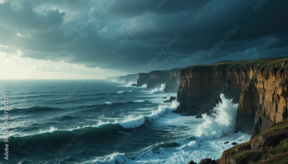 Dramatic Ocean Waves Crash Against Cliffside Under Moody Skies Dramatic Ocean Waves Crash Against Cliffside Under Moody Skies