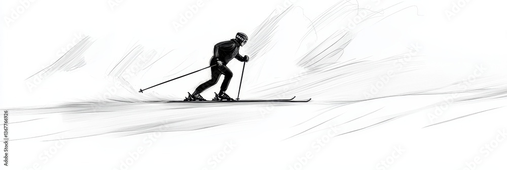 Fototapeta premium Skier glides across snow using poles.