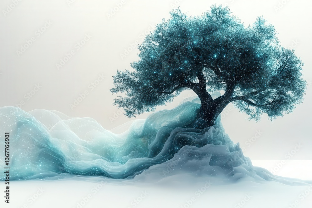 digital streams of glowing data flowing from paper documents into a crystalline tree structure set against a minimalist white background with soft teal accents