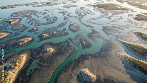 Aerial view of a river delta's braided network of channels and sandbanks.