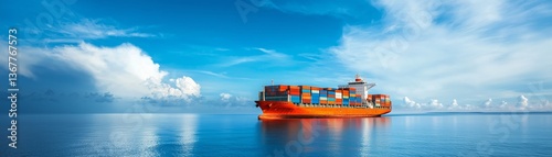 Large Cargo Ship in Open Ocean Under a Clear Blue Sky - Copy Space