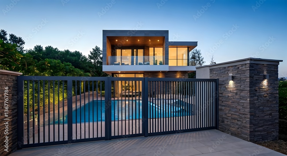 Fototapeta premium A high-end contemporary home with a sleek aluminum gate and an infinity pool visible inside, AI Generated
