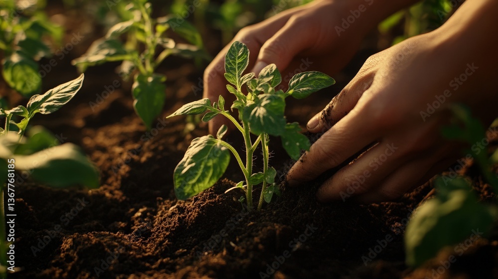 Fototapeta premium Hands Planting Tomato Seedling in Fertile Soil