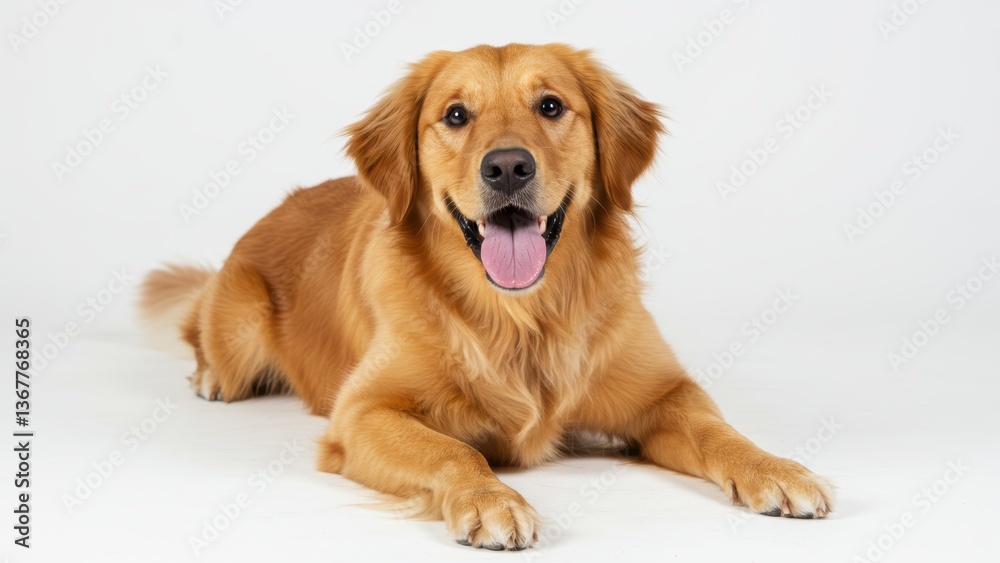 Fototapeta premium A happy golden retriever dog lying down with its tongue sticking out.