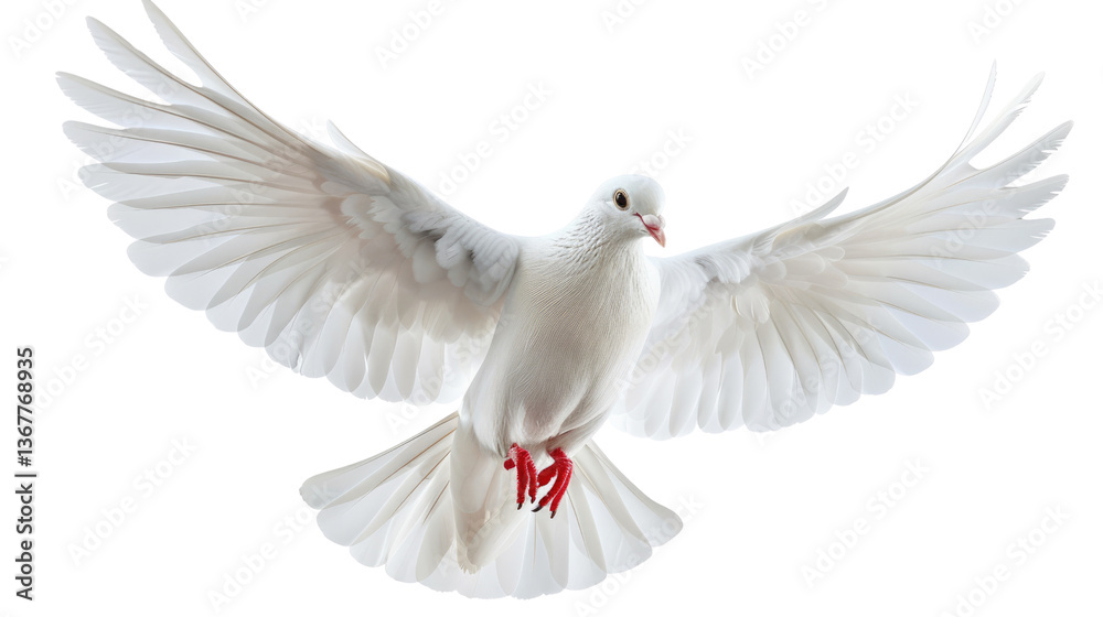 Obraz premium Soaring Freedom: A pristine white dove, captured mid-flight, embodies peace, serenity, and the boundless freedom of the sky. Its elegant wings spread wide.
