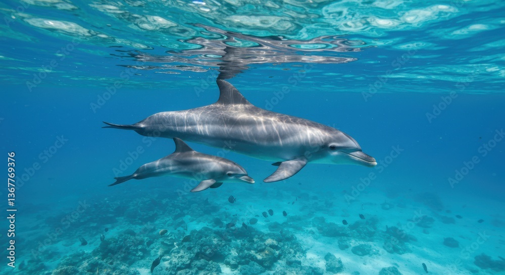Fototapeta premium Two dolphins swimming gracefully in clear blue ocean waters with coral reef