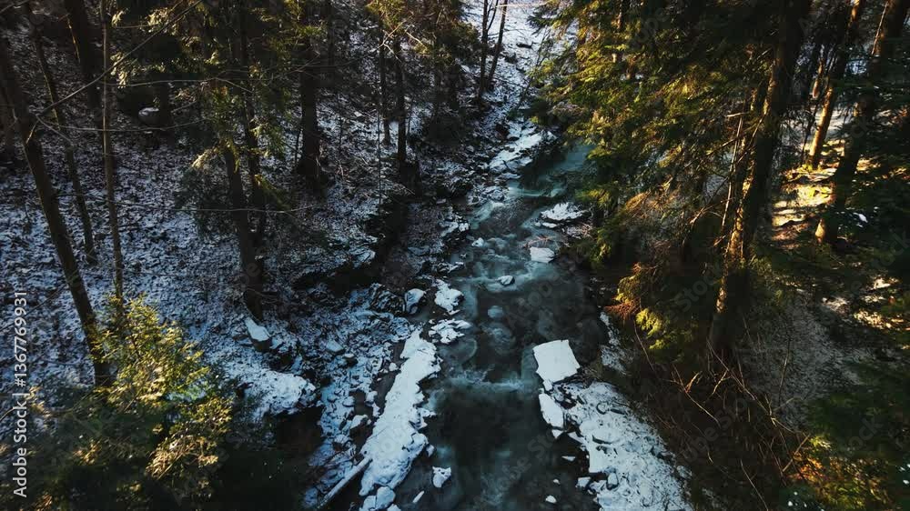 Aerial View of Frozen River in Forest, Stunning Winter Scenery, Sunlights on the Trees 4k