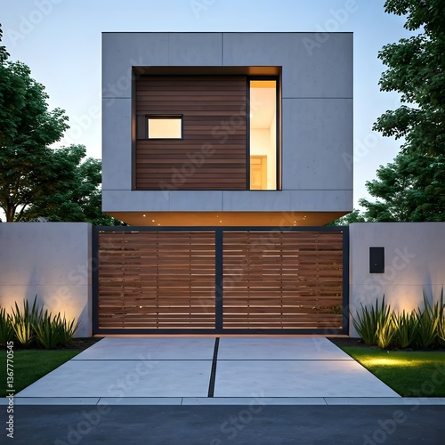 Wallpaper Mural A modern cube-style house with a wooden gate and a concrete pathway leading to the entrance, AI Generated Torontodigital.ca