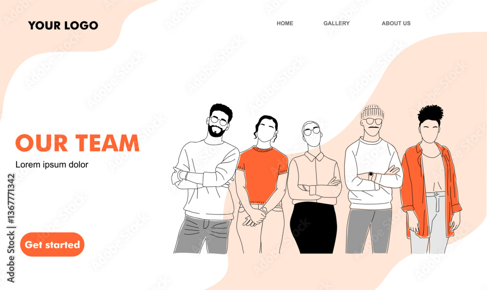 Join our team landing page. Recruitment, hiring business concept. Website template with diverse business team members, men, women standing together, supporting each other. Graphic vector illustration. Join our team landing page. Recruitment, hiring business concept. Website template with diverse business team members, men, women standing together, supporting each other. Graphic vector illustration.