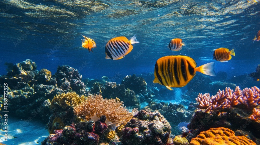 Fototapeta premium Swimming Striped Fish Among Coral Reefs in Clear Tropical Ocean Water